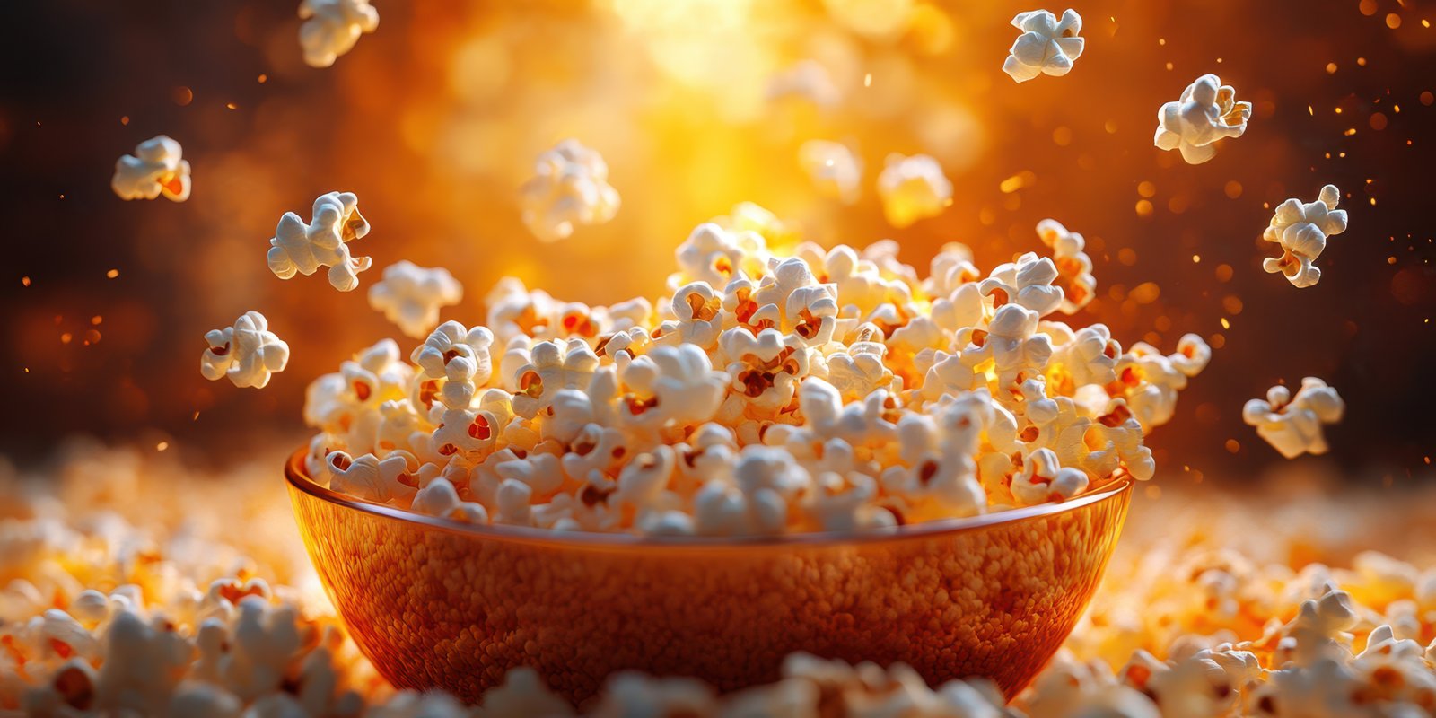 Freshly popped popcorn in a bowl with kernels flying in the air against a warm, glowing background